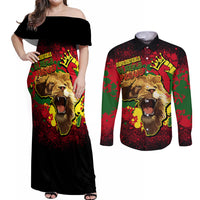 Unapologetically Black and Proud Couples Matching Off Shoulder Maxi Dress and Long Sleeve Button Shirts Africa Map with Lion - Wonder Print Shop