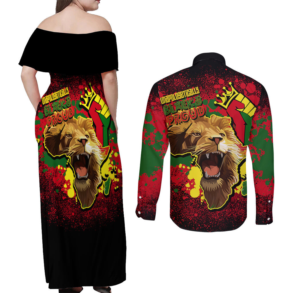 Unapologetically Black and Proud Couples Matching Off Shoulder Maxi Dress and Long Sleeve Button Shirts Africa Map with Lion - Wonder Print Shop