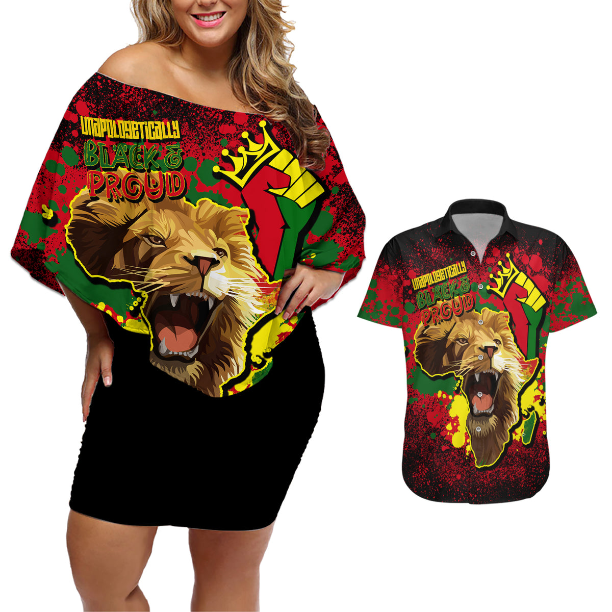 Unapologetically Black and Proud Couples Matching Off Shoulder Short Dress and Hawaiian Shirt Africa Map with Lion - Wonder Print Shop