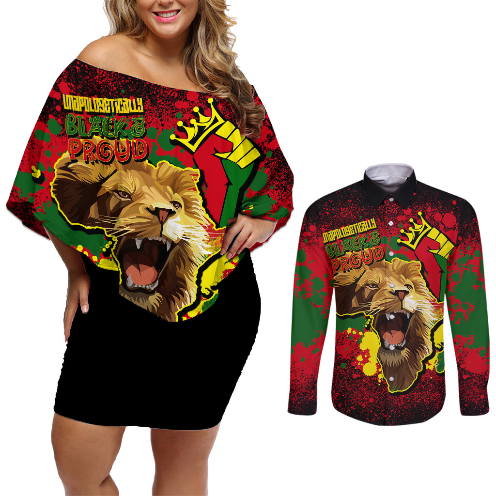 Unapologetically Black and Proud Couples Matching Off Shoulder Short Dress and Long Sleeve Button Shirts Africa Map with Lion - Wonder Print Shop