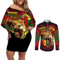 Unapologetically Black and Proud Couples Matching Off Shoulder Short Dress and Long Sleeve Button Shirts Africa Map with Lion - Wonder Print Shop