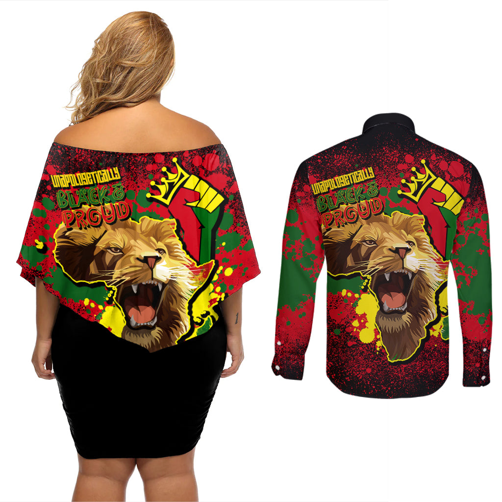 Unapologetically Black and Proud Couples Matching Off Shoulder Short Dress and Long Sleeve Button Shirts Africa Map with Lion - Wonder Print Shop