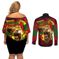 Unapologetically Black and Proud Couples Matching Off Shoulder Short Dress and Long Sleeve Button Shirts Africa Map with Lion - Wonder Print Shop