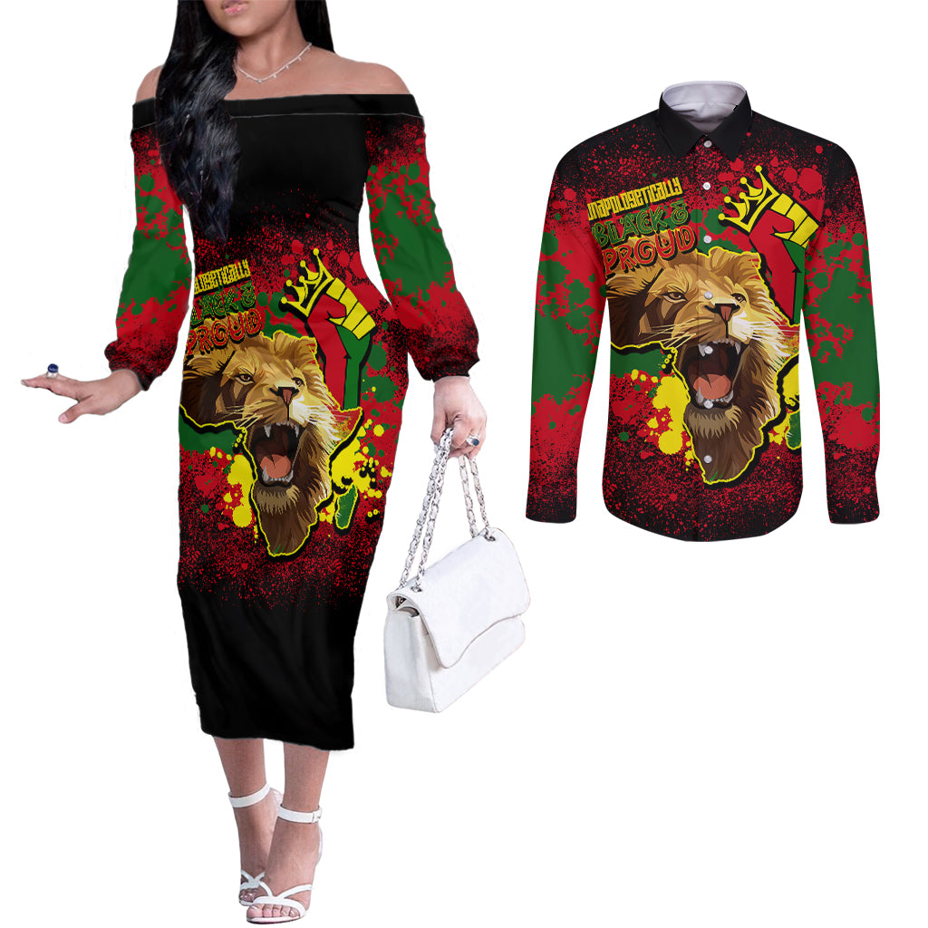 unapologetically-black-and-proud-couples-matching-off-the-shoulder-long-sleeve-dress-and-long-sleeve-button-shirts-africa-map-with-lion