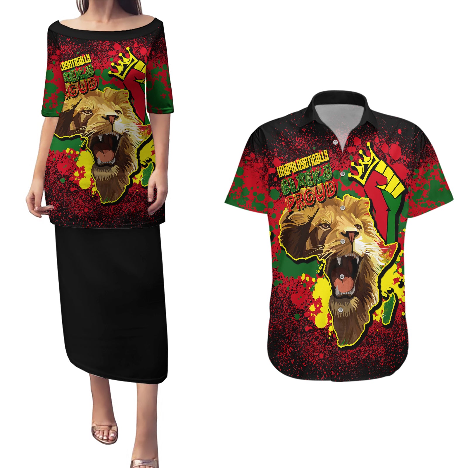 Unapologetically Black and Proud Couples Matching Puletasi Dress and Hawaiian Shirt Africa Map with Lion - Wonder Print Shop