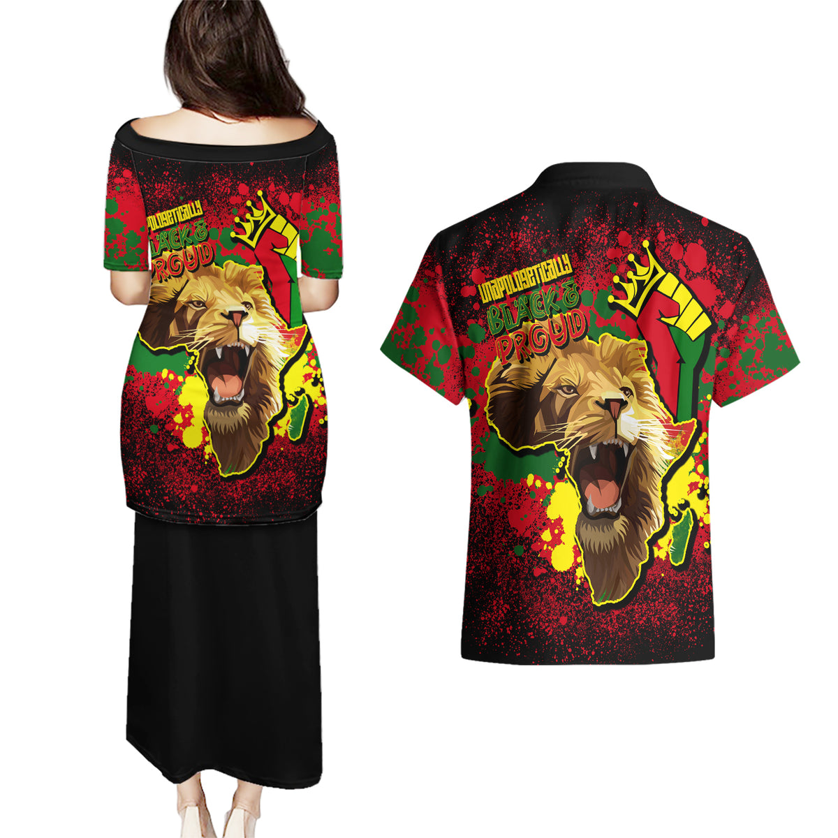 Unapologetically Black and Proud Couples Matching Puletasi Dress and Hawaiian Shirt Africa Map with Lion - Wonder Print Shop