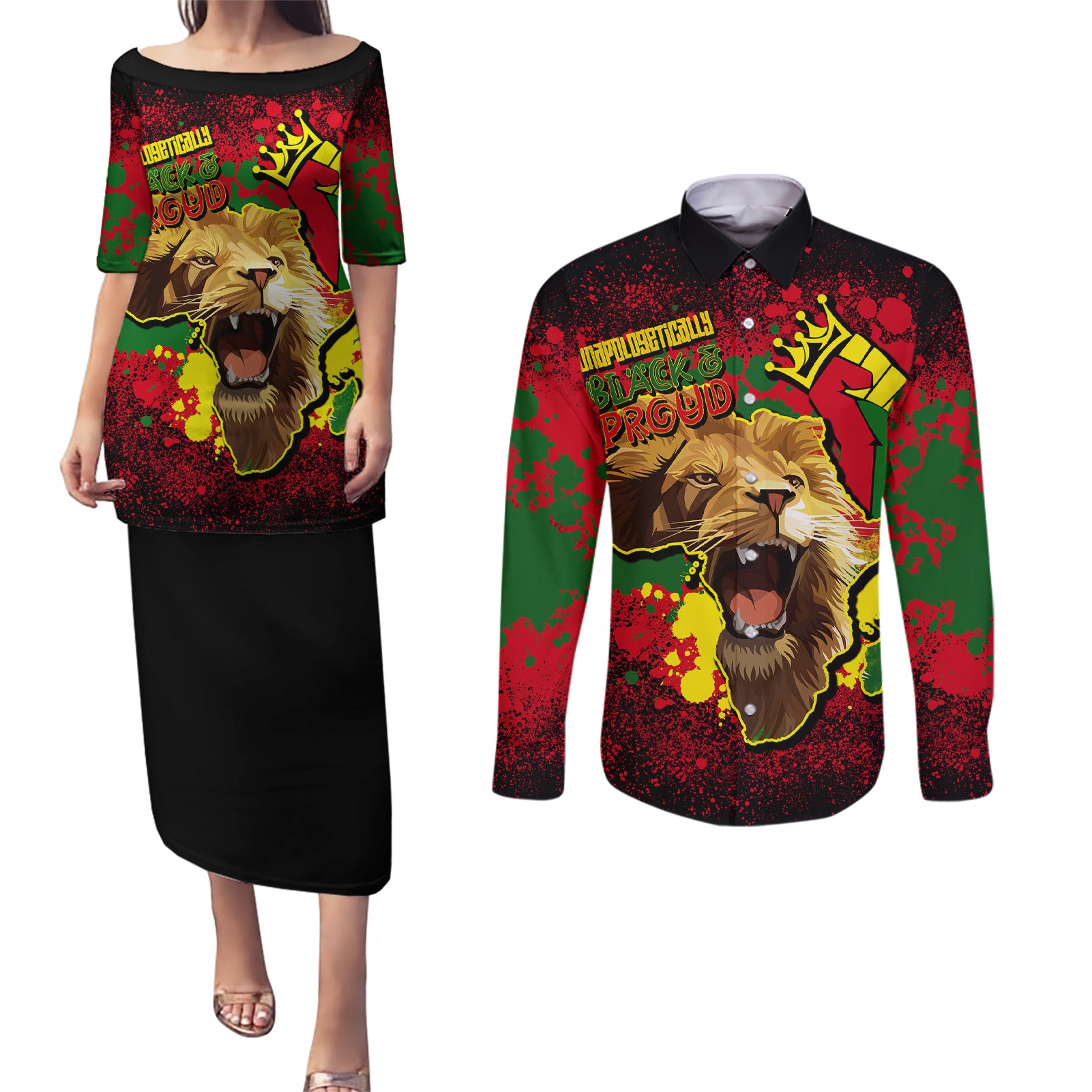 Unapologetically Black and Proud Couples Matching Puletasi Dress and Long Sleeve Button Shirts Africa Map with Lion - Wonder Print Shop