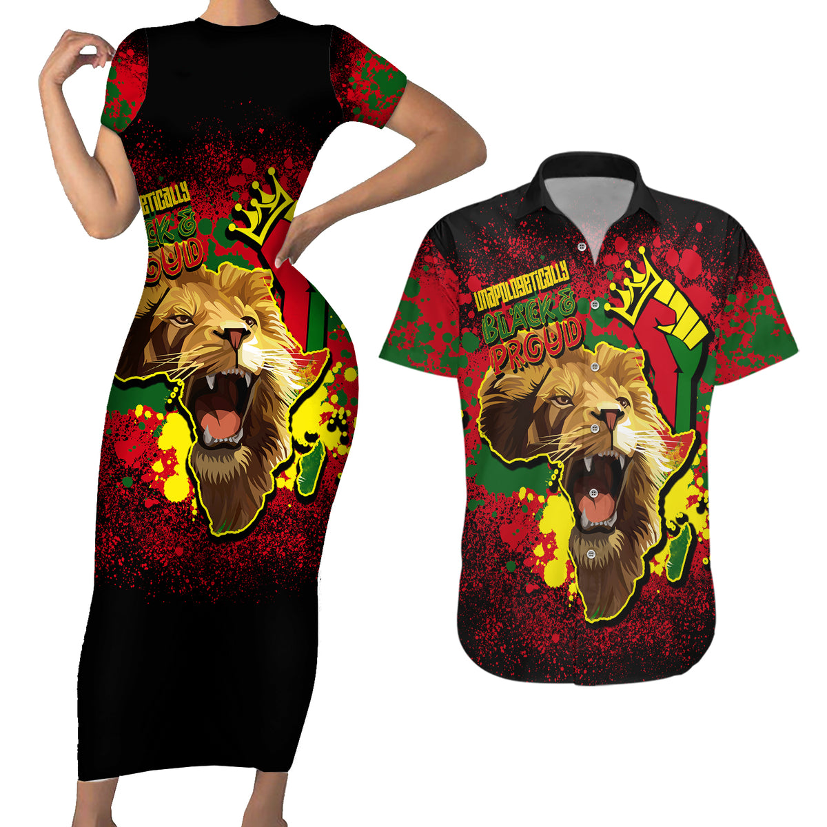 Unapologetically Black and Proud Couples Matching Short Sleeve Bodycon Dress and Hawaiian Shirt Africa Map with Lion - Wonder Print Shop