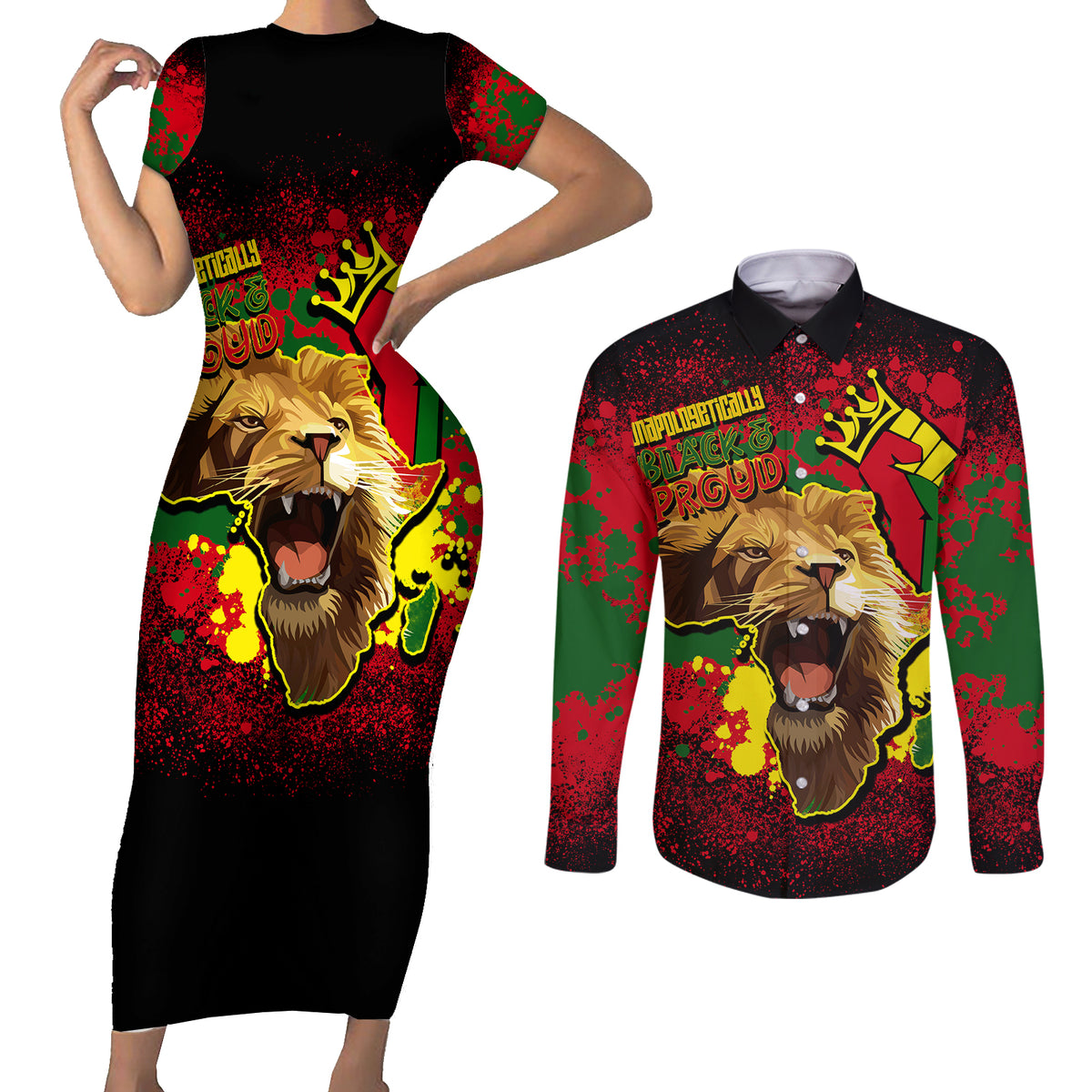 Unapologetically Black and Proud Couples Matching Short Sleeve Bodycon Dress and Long Sleeve Button Shirts Africa Map with Lion - Wonder Print Shop