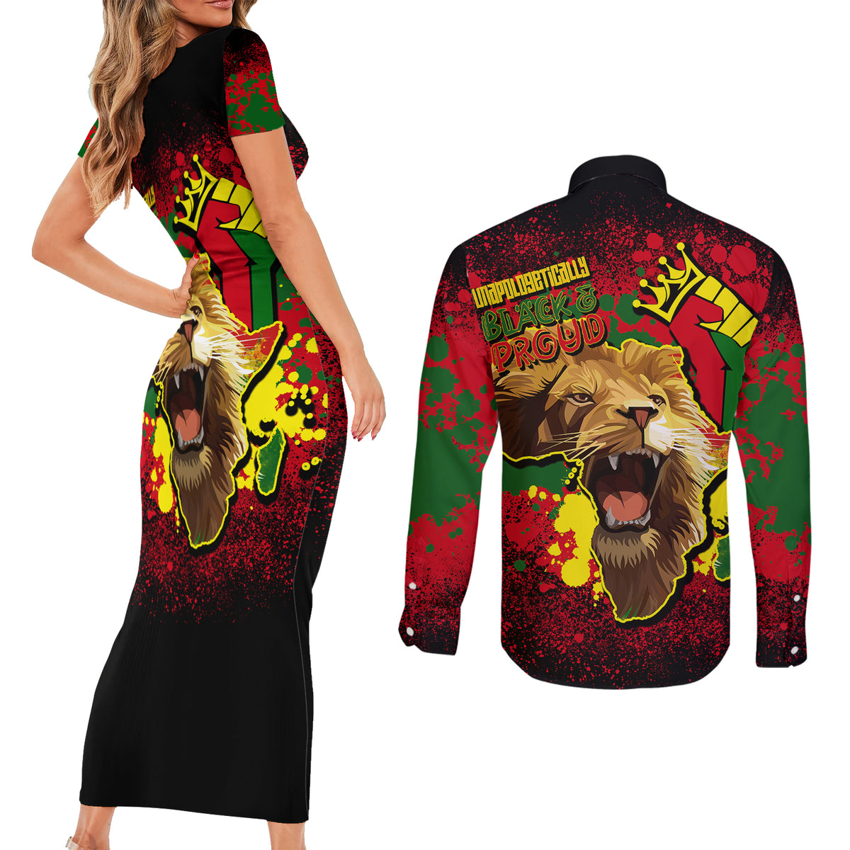Unapologetically Black and Proud Couples Matching Short Sleeve Bodycon Dress and Long Sleeve Button Shirts Africa Map with Lion - Wonder Print Shop