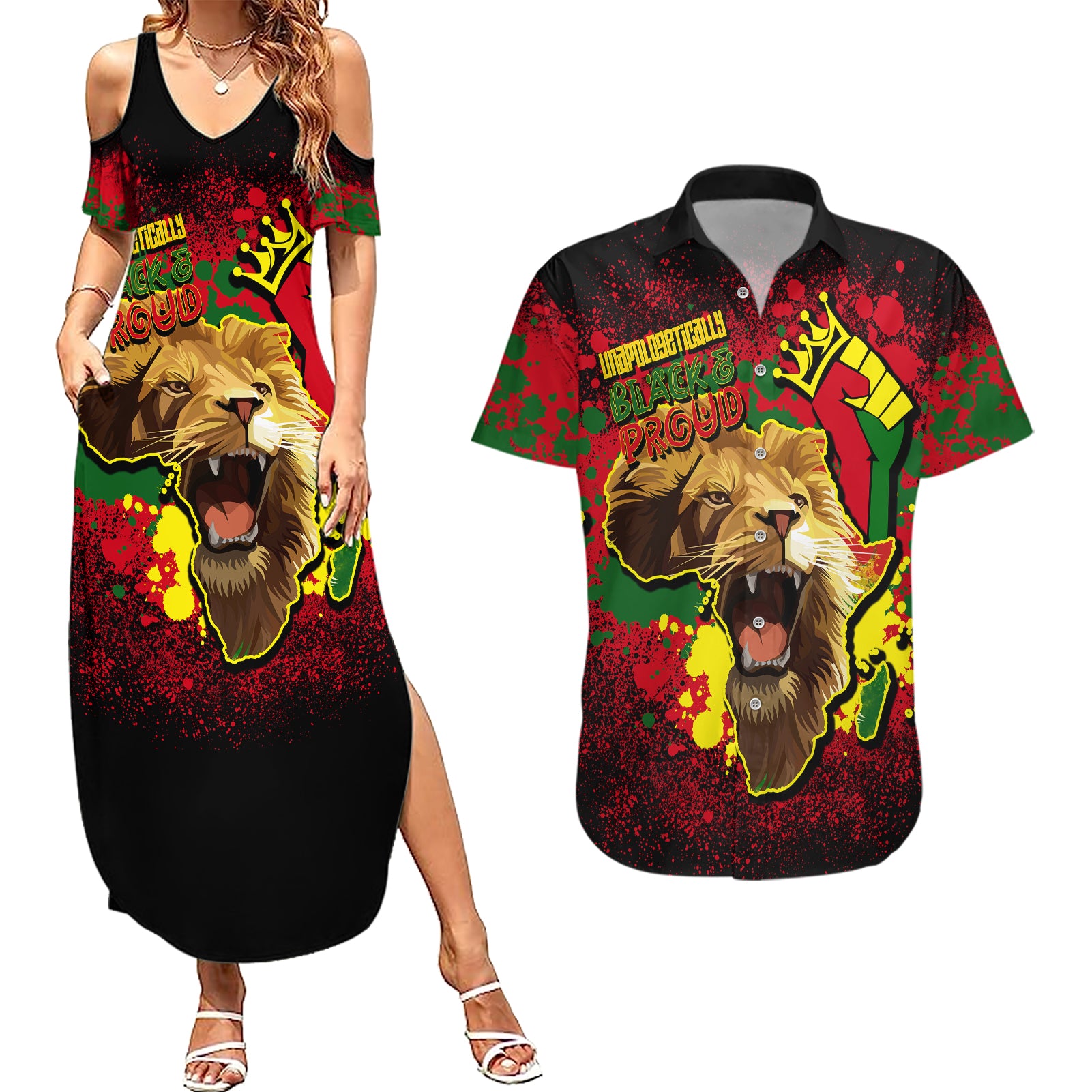 Unapologetically Black and Proud Couples Matching Summer Maxi Dress and Hawaiian Shirt Africa Map with Lion - Wonder Print Shop