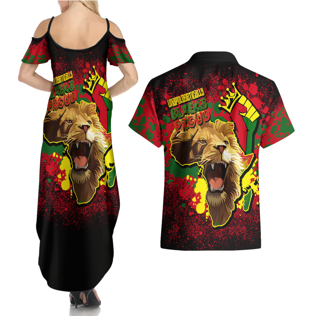 Unapologetically Black and Proud Couples Matching Summer Maxi Dress and Hawaiian Shirt Africa Map with Lion - Wonder Print Shop