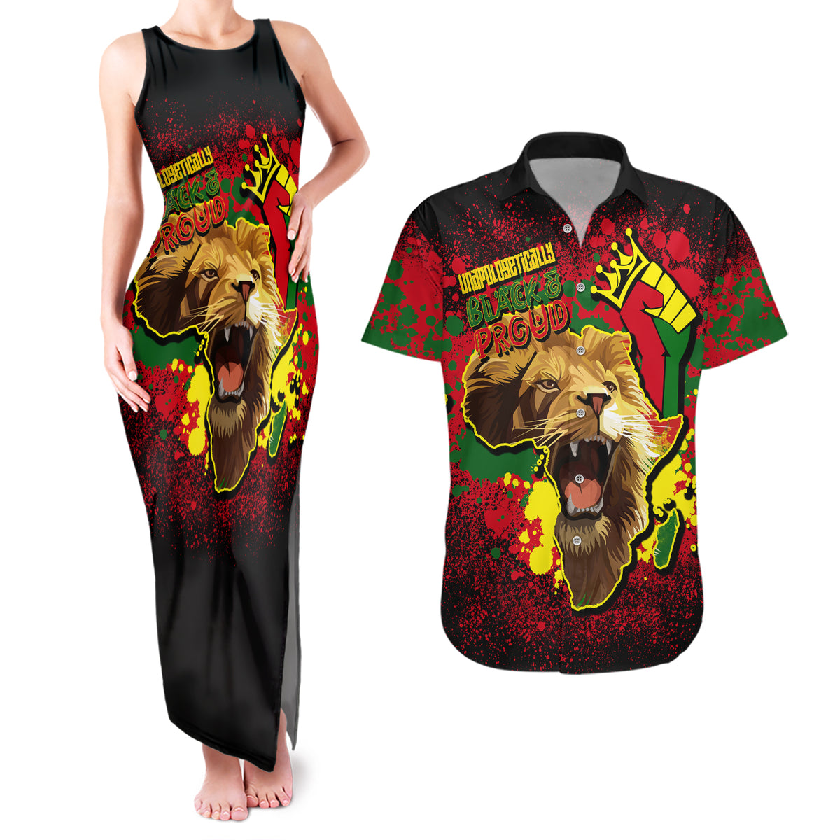 Unapologetically Black and Proud Couples Matching Tank Maxi Dress and Hawaiian Shirt Africa Map with Lion - Wonder Print Shop