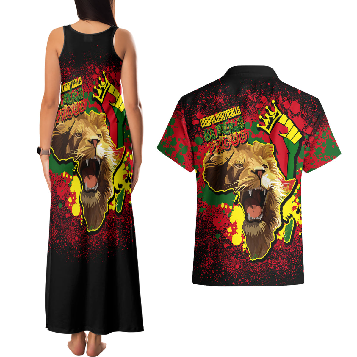 Unapologetically Black and Proud Couples Matching Tank Maxi Dress and Hawaiian Shirt Africa Map with Lion - Wonder Print Shop