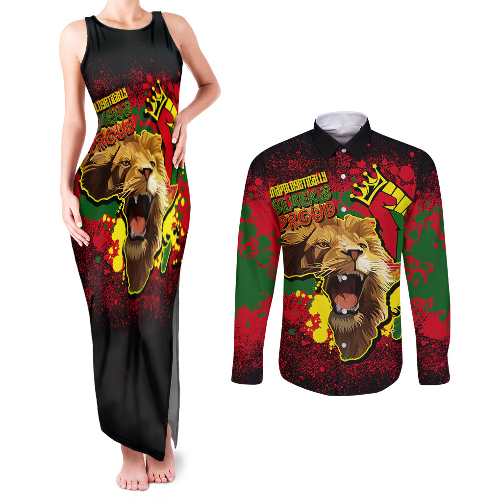 Unapologetically Black and Proud Couples Matching Tank Maxi Dress and Long Sleeve Button Shirts Africa Map with Lion - Wonder Print Shop