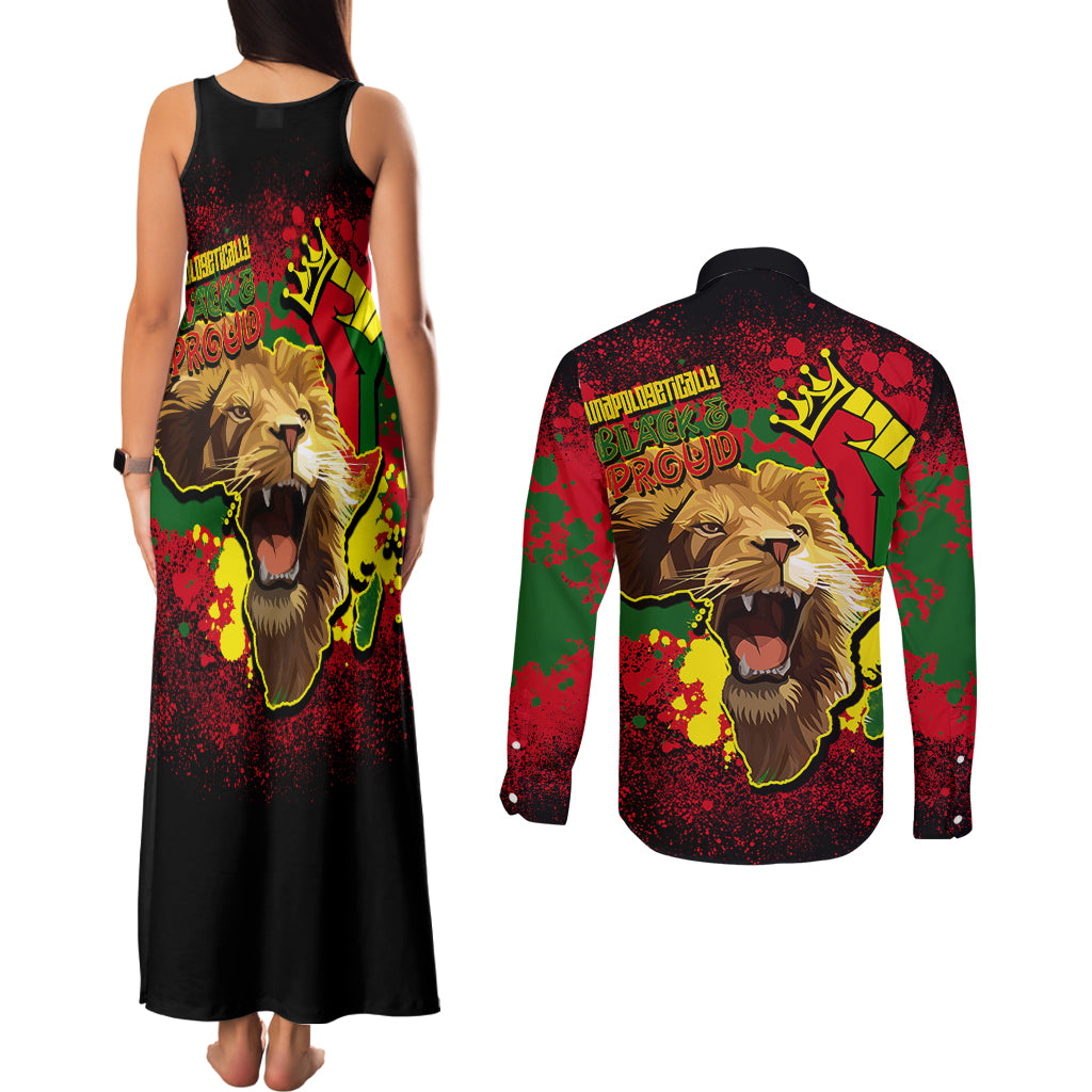 Unapologetically Black and Proud Couples Matching Tank Maxi Dress and Long Sleeve Button Shirts Africa Map with Lion - Wonder Print Shop
