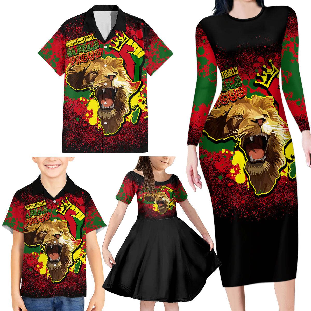 Unapologetically Black and Proud Family Matching Long Sleeve Bodycon Dress and Hawaiian Shirt Africa Map with Lion - Wonder Print Shop