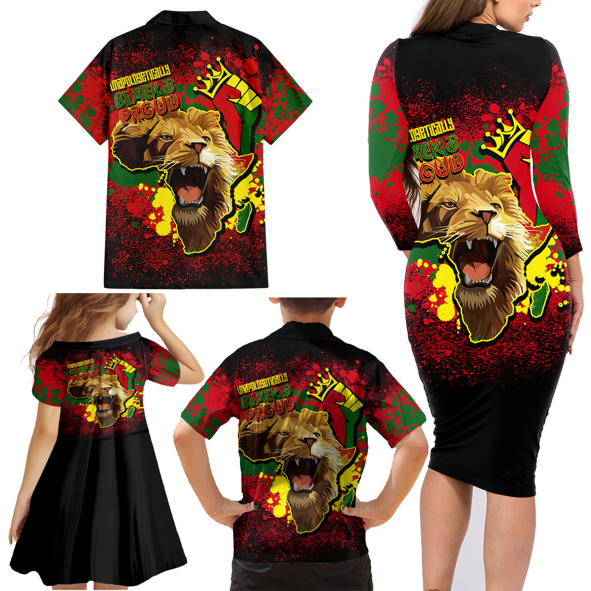 Unapologetically Black and Proud Family Matching Long Sleeve Bodycon Dress and Hawaiian Shirt Africa Map with Lion - Wonder Print Shop