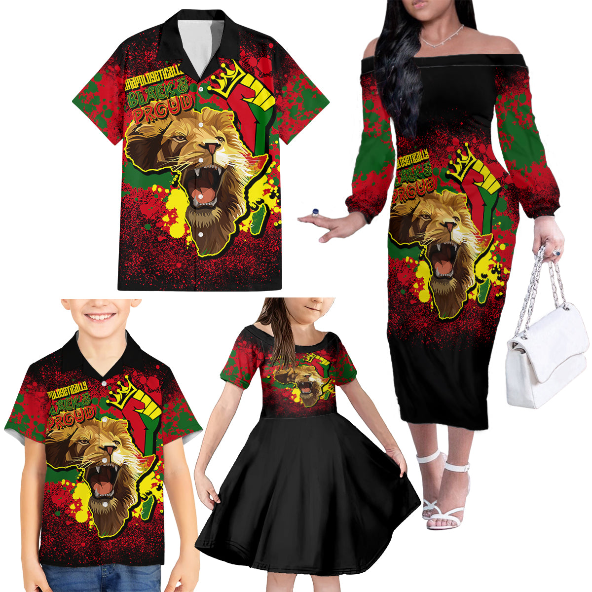 Unapologetically Black and Proud Family Matching Off Shoulder Long Sleeve Dress and Hawaiian Shirt Africa Map with Lion - Wonder Print Shop