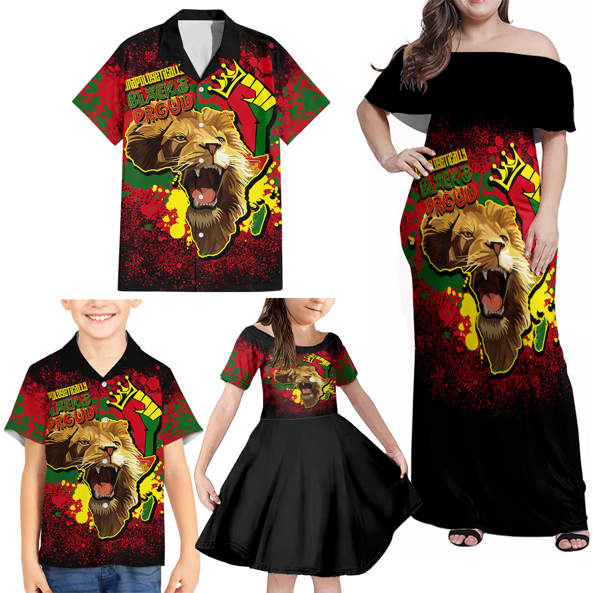 Unapologetically Black and Proud Family Matching Off Shoulder Maxi Dress and Hawaiian Shirt Africa Map with Lion - Wonder Print Shop