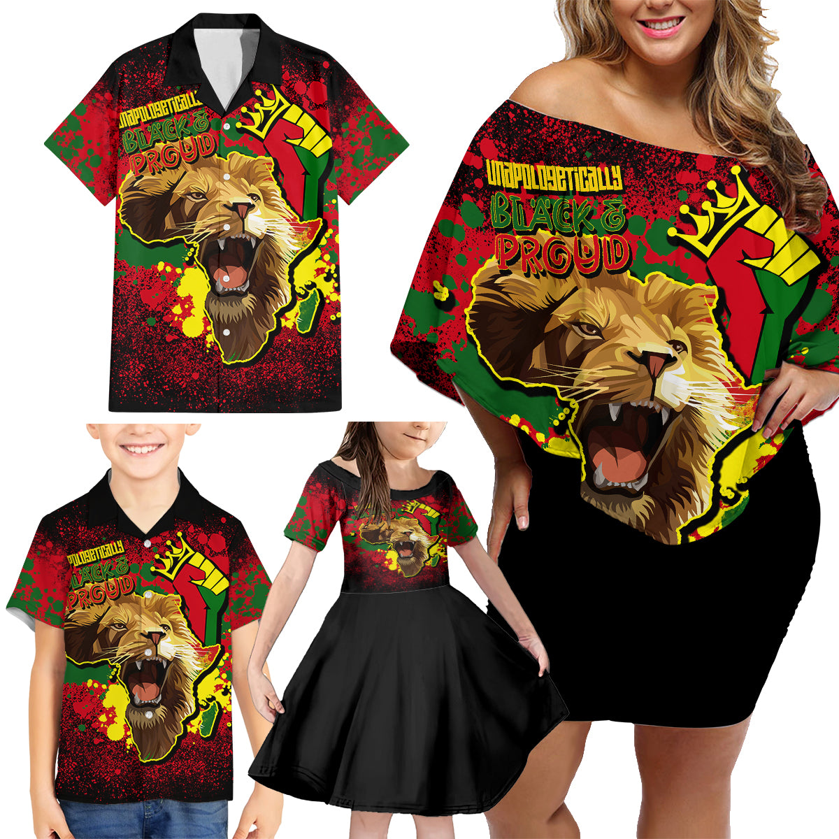 Unapologetically Black and Proud Family Matching Off Shoulder Short Dress and Hawaiian Shirt Africa Map with Lion - Wonder Print Shop