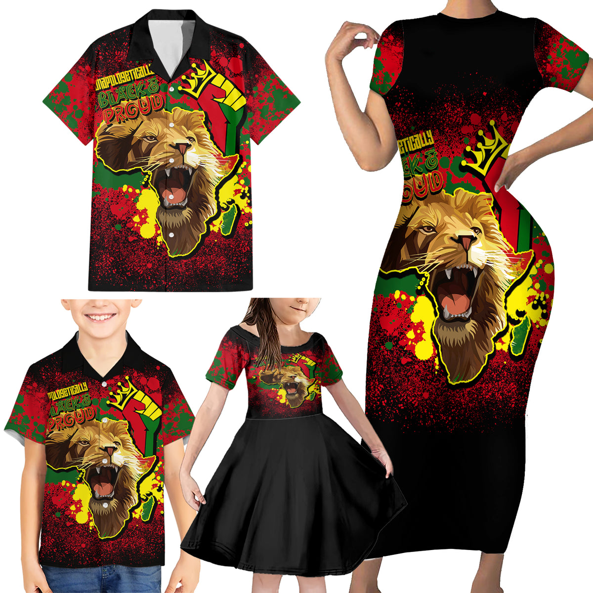 Unapologetically Black and Proud Family Matching Short Sleeve Bodycon Dress and Hawaiian Shirt Africa Map with Lion - Wonder Print Shop