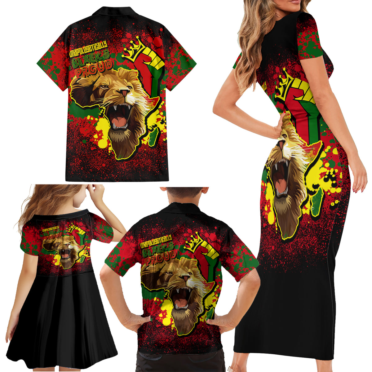 Unapologetically Black and Proud Family Matching Short Sleeve Bodycon Dress and Hawaiian Shirt Africa Map with Lion - Wonder Print Shop