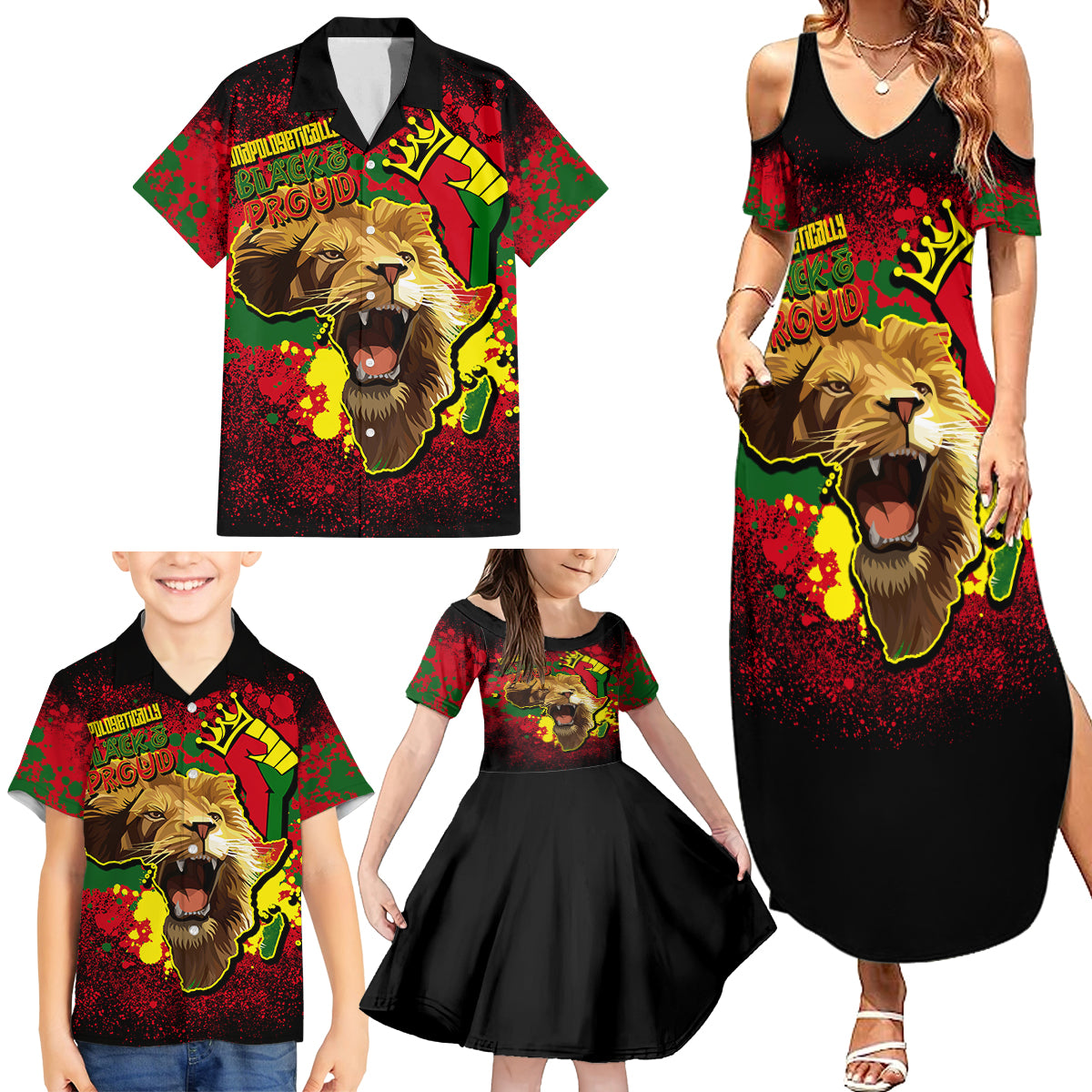 Unapologetically Black and Proud Family Matching Summer Maxi Dress and Hawaiian Shirt Africa Map with Lion - Wonder Print Shop