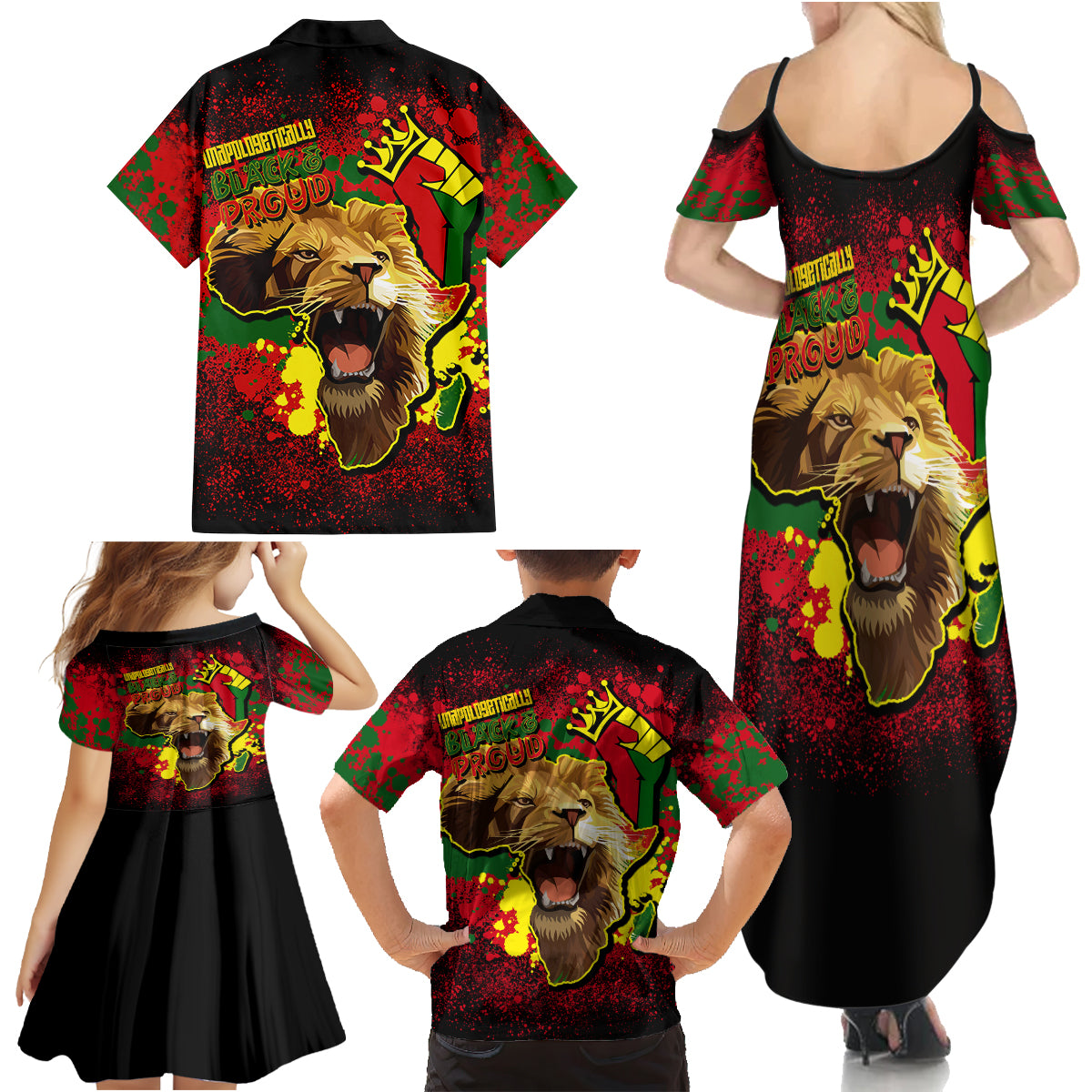 Unapologetically Black and Proud Family Matching Summer Maxi Dress and Hawaiian Shirt Africa Map with Lion - Wonder Print Shop