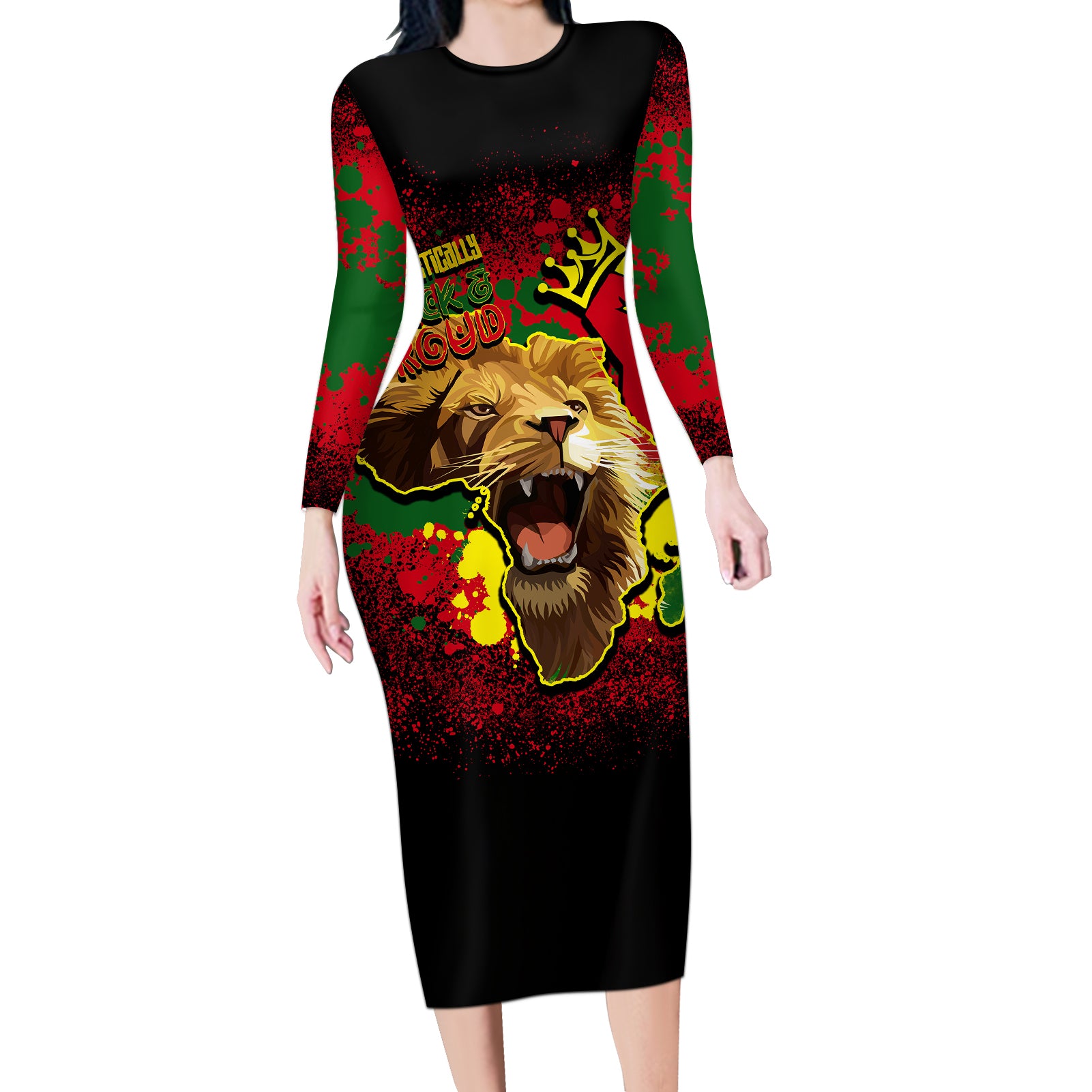 Unapologetically Black and Proud Long Sleeve Bodycon Dress Africa Map with Lion - Wonder Print Shop