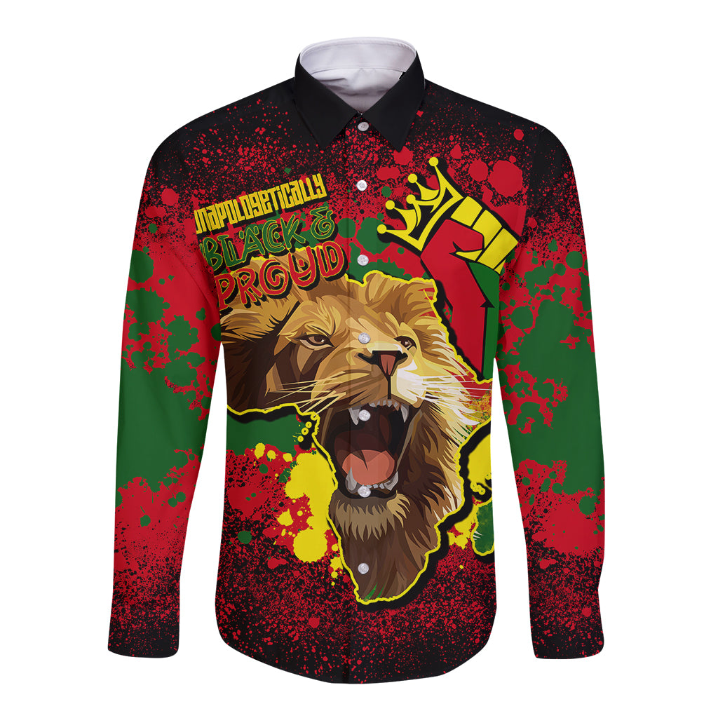 Unapologetically Black and Proud Long Sleeve Button Shirt Africa Map with Lion - Wonder Print Shop