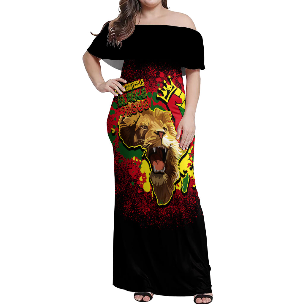 Unapologetically Black and Proud Off Shoulder Maxi Dress Africa Map with Lion - Wonder Print Shop