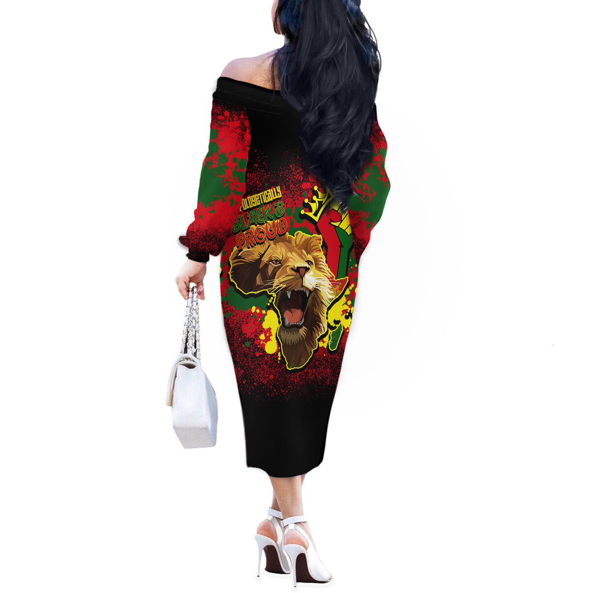 Unapologetically Black and Proud Off The Shoulder Long Sleeve Dress Africa Map with Lion - Wonder Print Shop