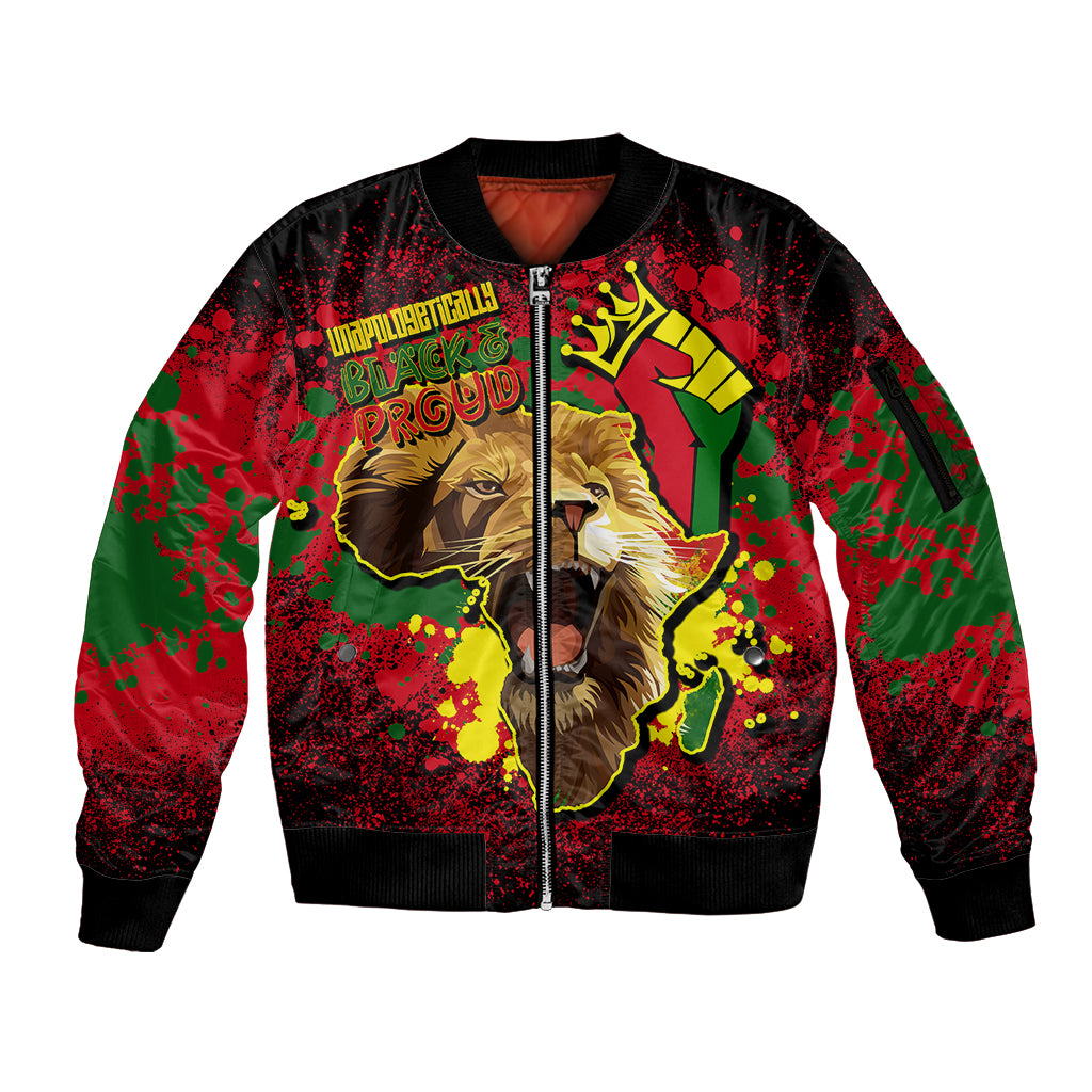 Unapologetically Black and Proud Sleeve Zip Bomber Jacket Africa Map with Lion - Wonder Print Shop