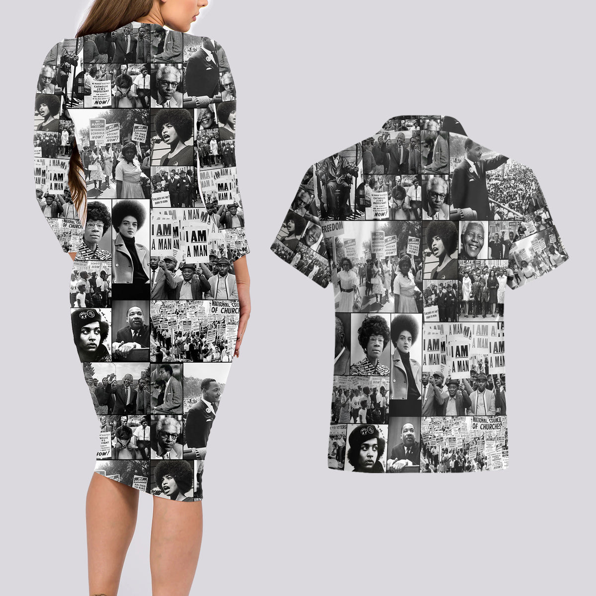 African Couples Matching Long Sleeve Bodycon Dress and Hawaiian Shirt Black Power Images - Wonder Print Shop