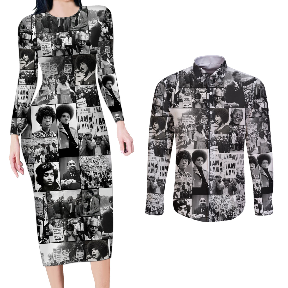 African Couples Matching Long Sleeve Bodycon Dress and Long Sleeve Button Shirts Black Power Images - Wonder Print Shop