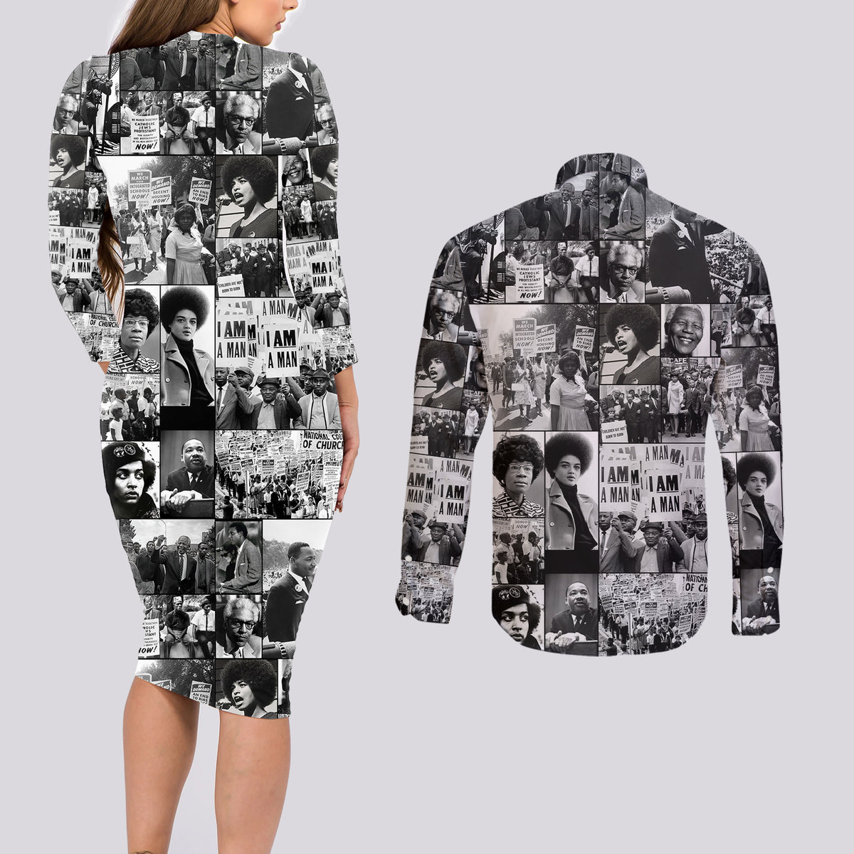 African Couples Matching Long Sleeve Bodycon Dress and Long Sleeve Button Shirts Black Power Images - Wonder Print Shop