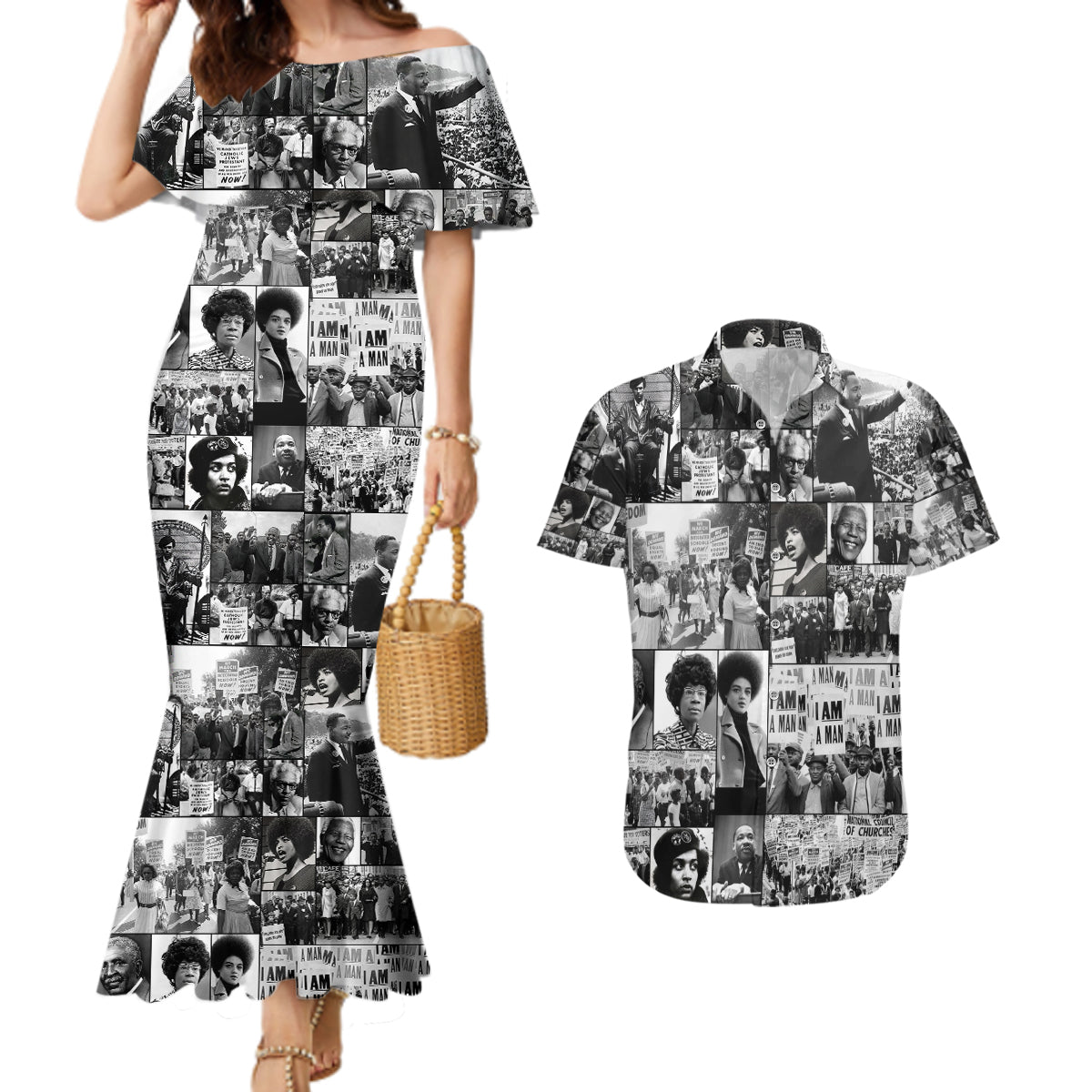 African Couples Matching Mermaid Dress and Hawaiian Shirt Black Power Images - Wonder Print Shop