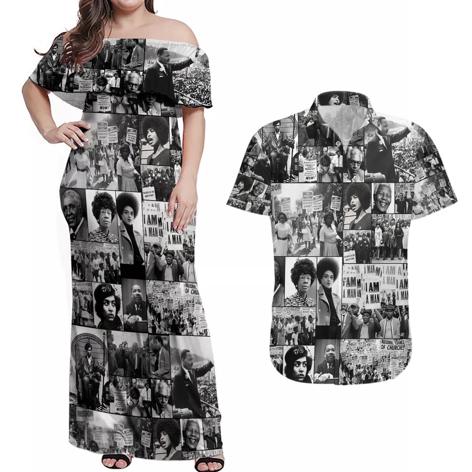 African Couples Matching Off Shoulder Maxi Dress and Hawaiian Shirt Black Power Images - Wonder Print Shop