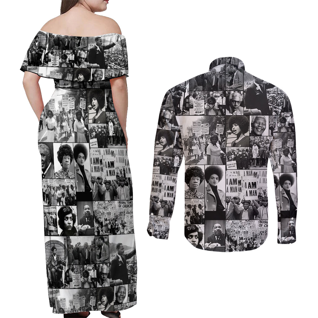 African Couples Matching Off Shoulder Maxi Dress and Long Sleeve Button Shirts Black Power Images - Wonder Print Shop
