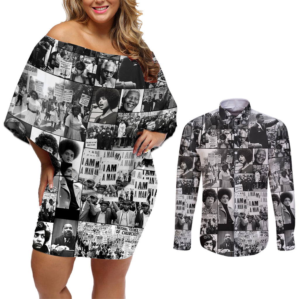 African Couples Matching Off Shoulder Short Dress and Long Sleeve Button Shirts Black Power Images - Wonder Print Shop