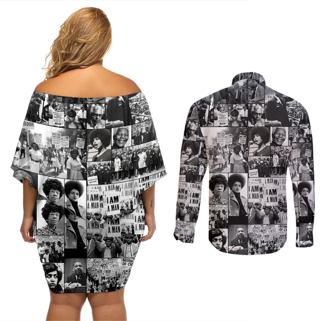African Couples Matching Off Shoulder Short Dress and Long Sleeve Button Shirts Black Power Images - Wonder Print Shop