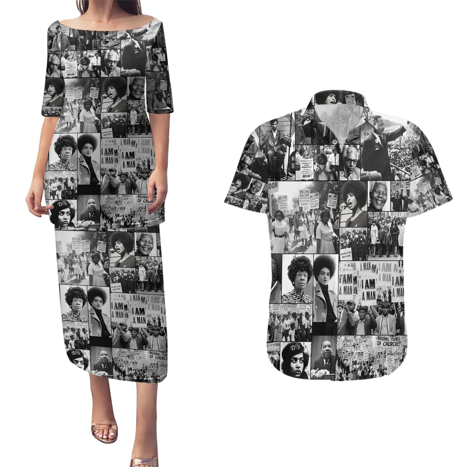 African Couples Matching Puletasi Dress and Hawaiian Shirt Black Power Images - Wonder Print Shop