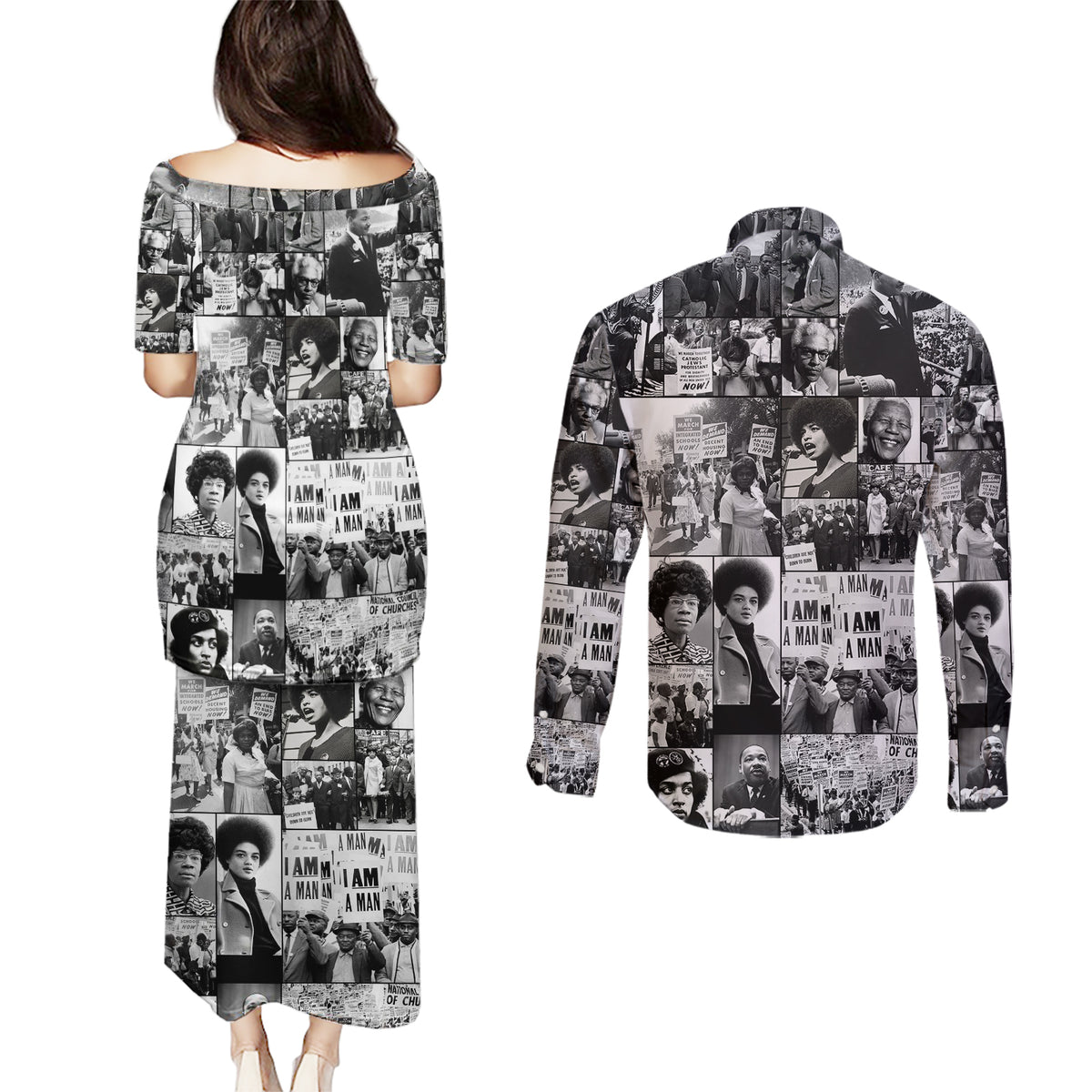 African Couples Matching Puletasi Dress and Long Sleeve Button Shirts Black Power Images - Wonder Print Shop