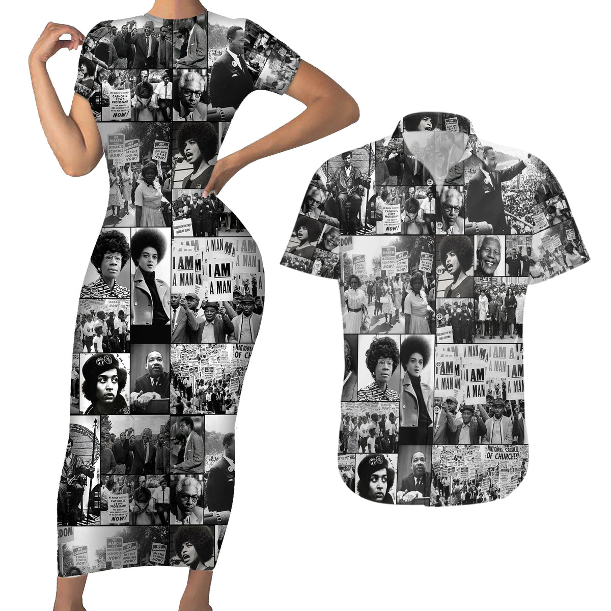 African Couples Matching Short Sleeve Bodycon Dress and Hawaiian Shirt Black Power Images - Wonder Print Shop