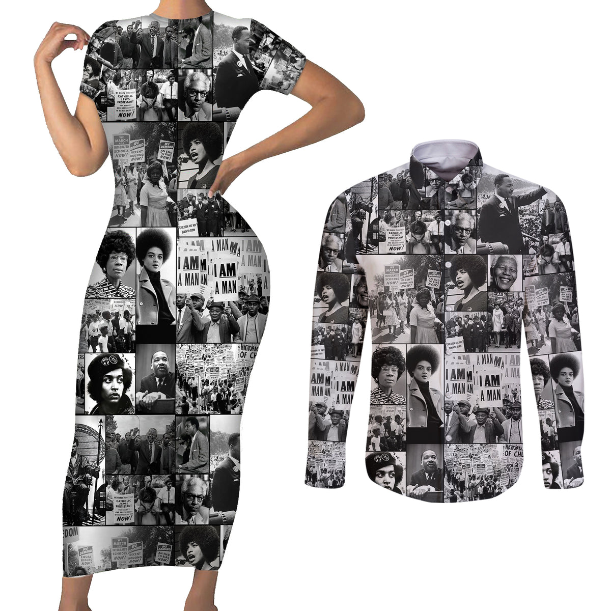 African Couples Matching Short Sleeve Bodycon Dress and Long Sleeve Button Shirts Black Power Images - Wonder Print Shop
