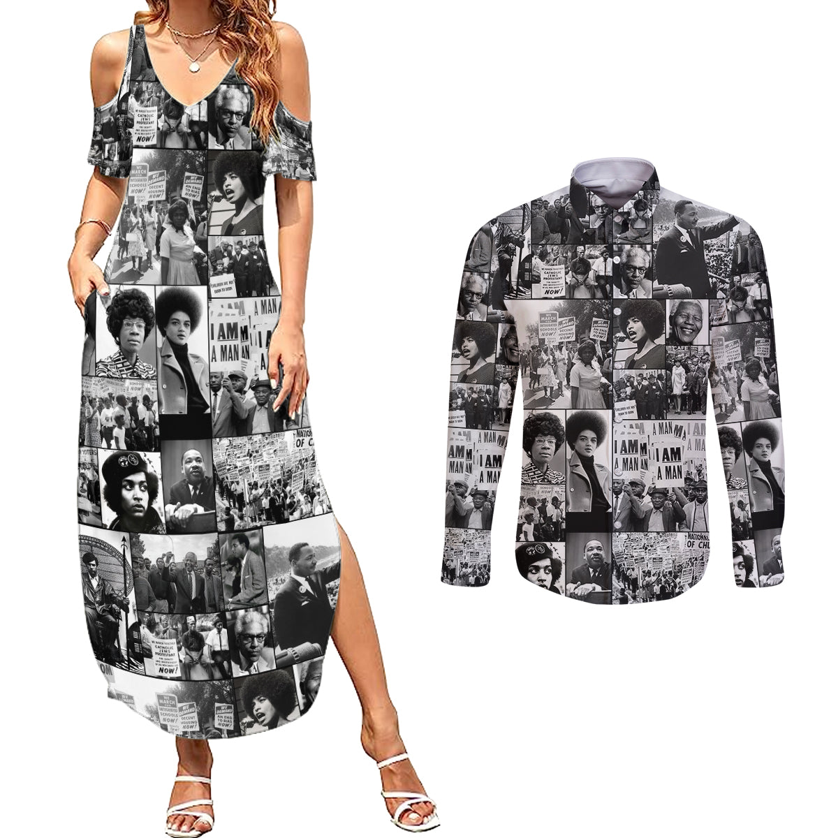 African Couples Matching Summer Maxi Dress and Long Sleeve Button Shirts Black Power Images - Wonder Print Shop