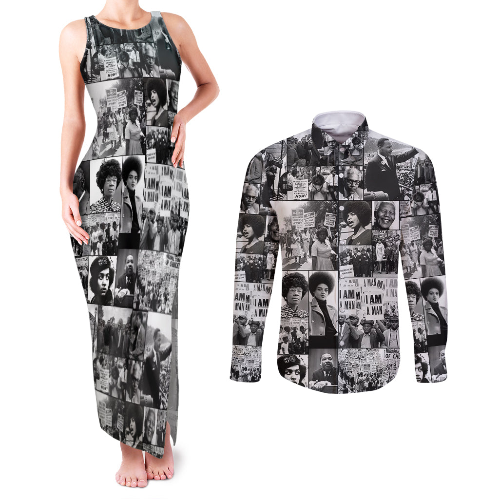 African Couples Matching Tank Maxi Dress and Long Sleeve Button Shirts Black Power Images - Wonder Print Shop