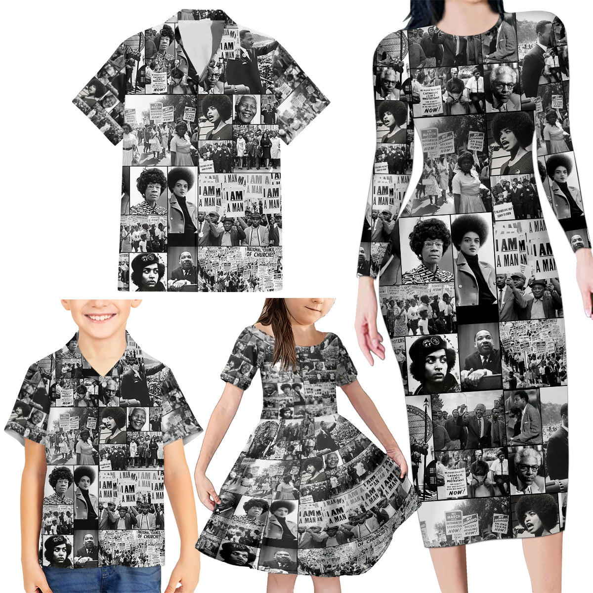 African Family Matching Long Sleeve Bodycon Dress and Hawaiian Shirt Black Power Images - Wonder Print Shop
