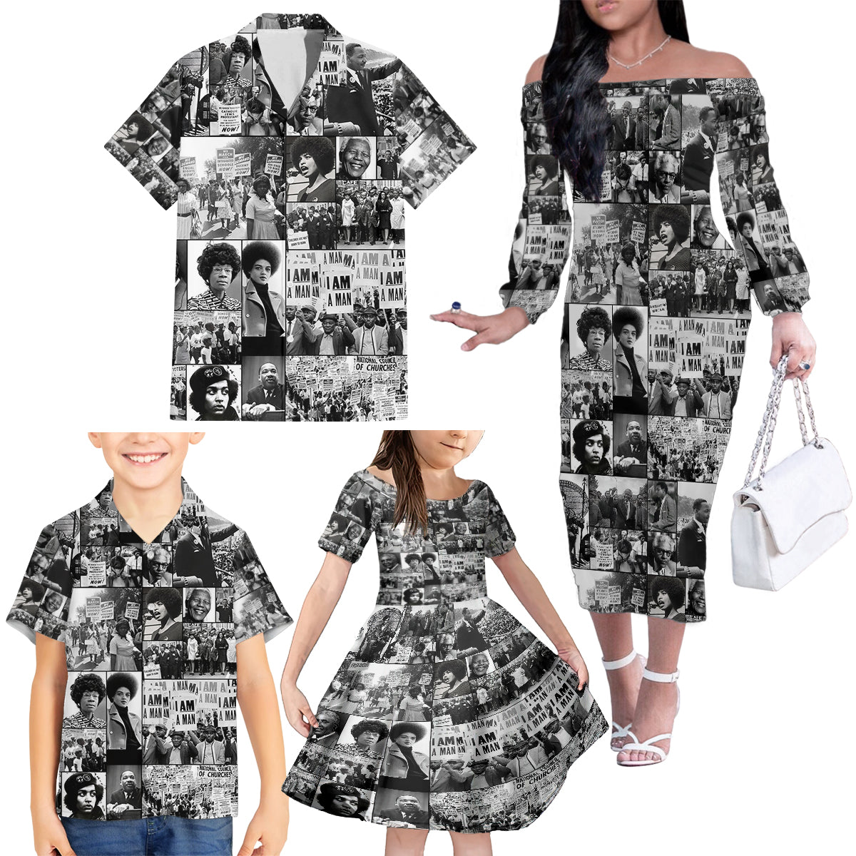African Family Matching Off Shoulder Long Sleeve Dress and Hawaiian Shirt Black Power Images - Wonder Print Shop